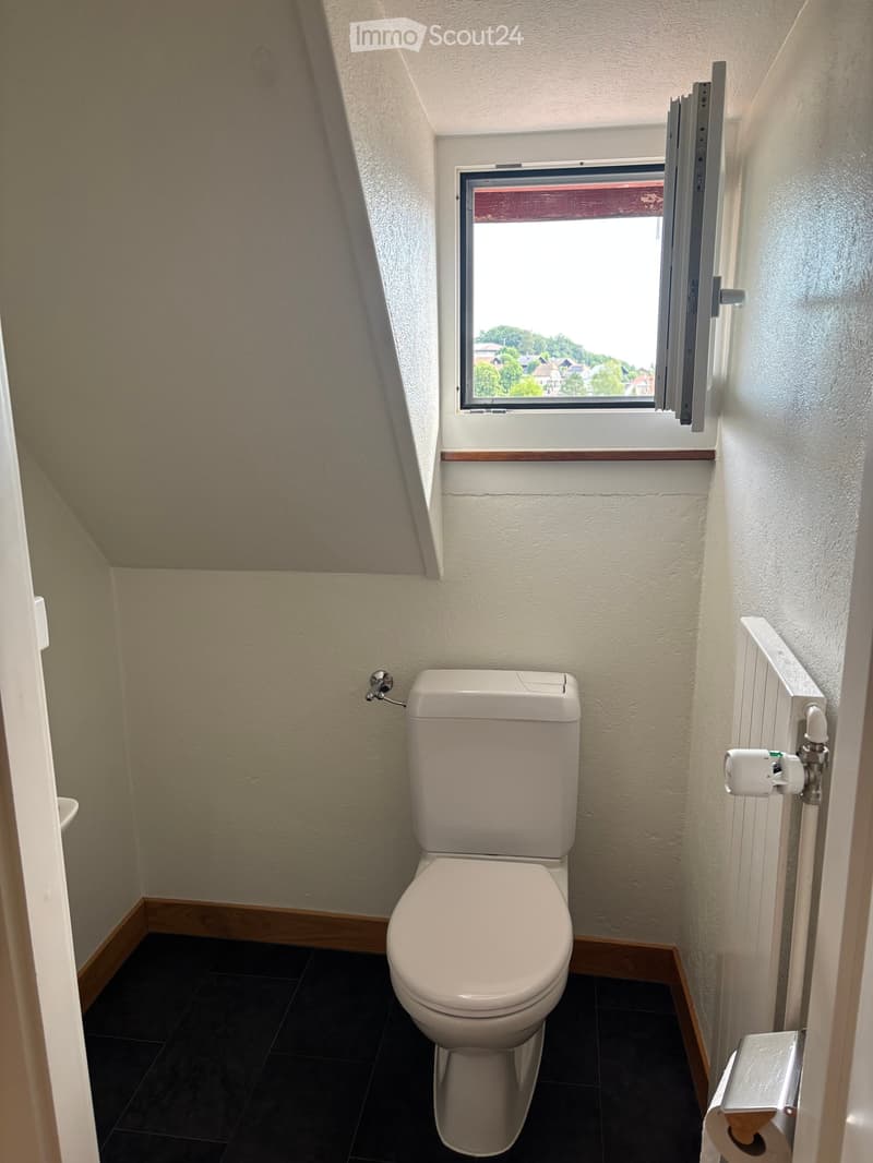Small bathroom with a toilet, toilet paper holder, and a window with a view of the outside.
