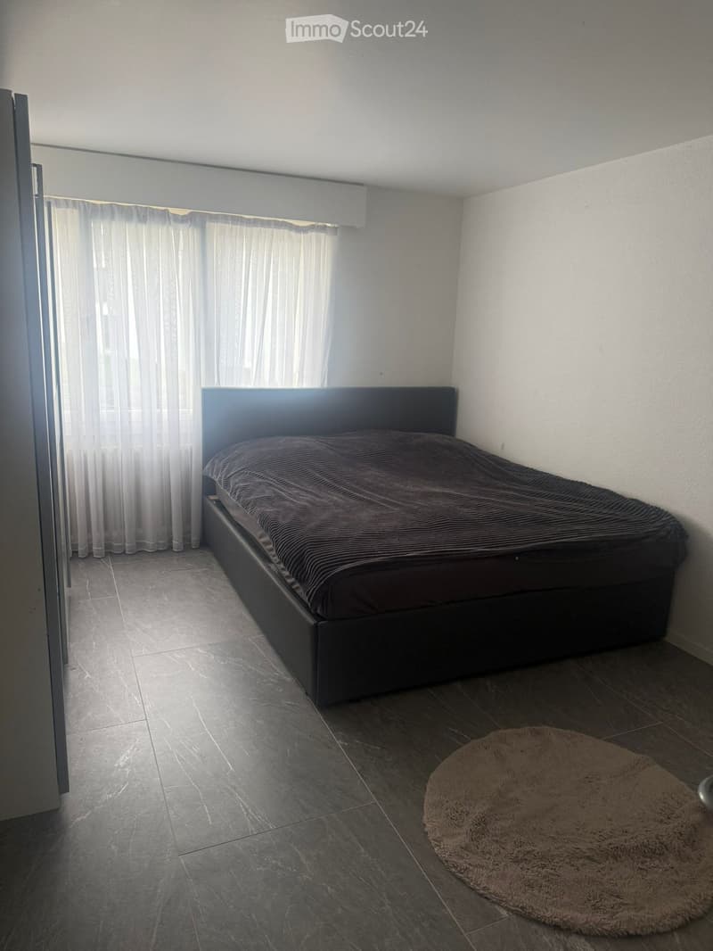 Modern bedroom with a dark wooden bed, dark bedding, and a round shaggy rug on the floor. The room has large windows with white curtains and tiled flooring.