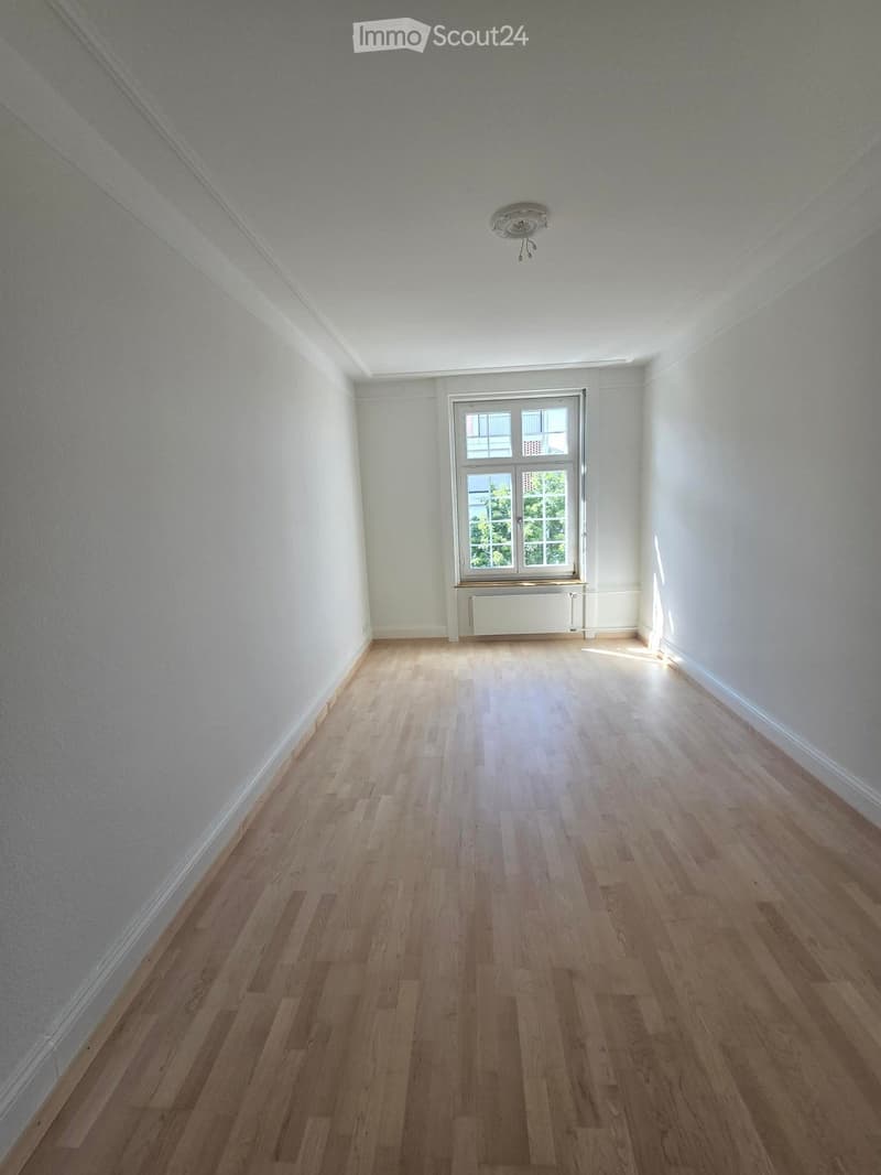 Empty room with light wooden flooring, white walls, and a large window with a radiator below it. The ceiling has a simple light fixture.