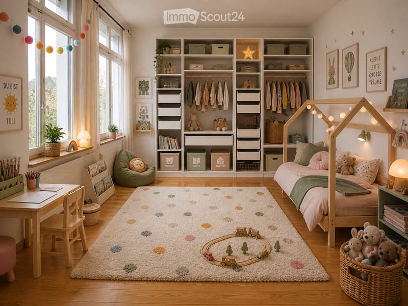 Bright, child-friendly bedroom with a wooden bed, colorful bedding, a play train set on a white shag rug, a small desk with a chair, a bookshelf, and decorative elements like framed artwork and string lights.