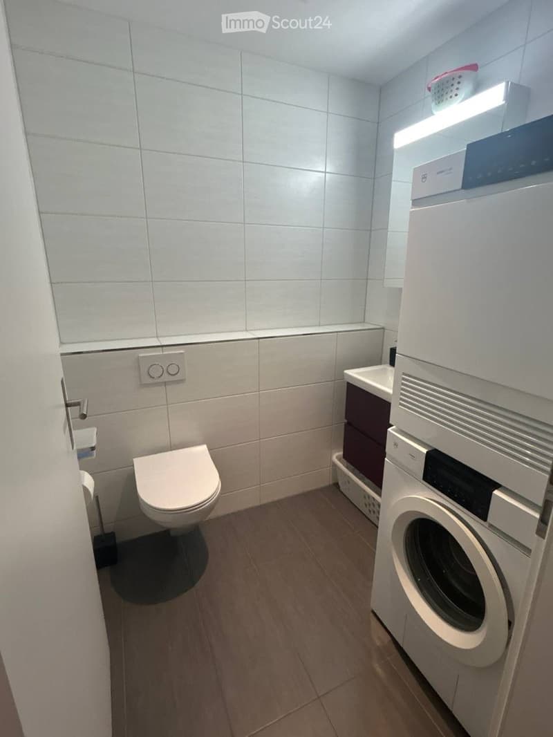 Modern bathroom with white tiled walls, a toilet, a washing machine, a sink, and a mirror above the sink.