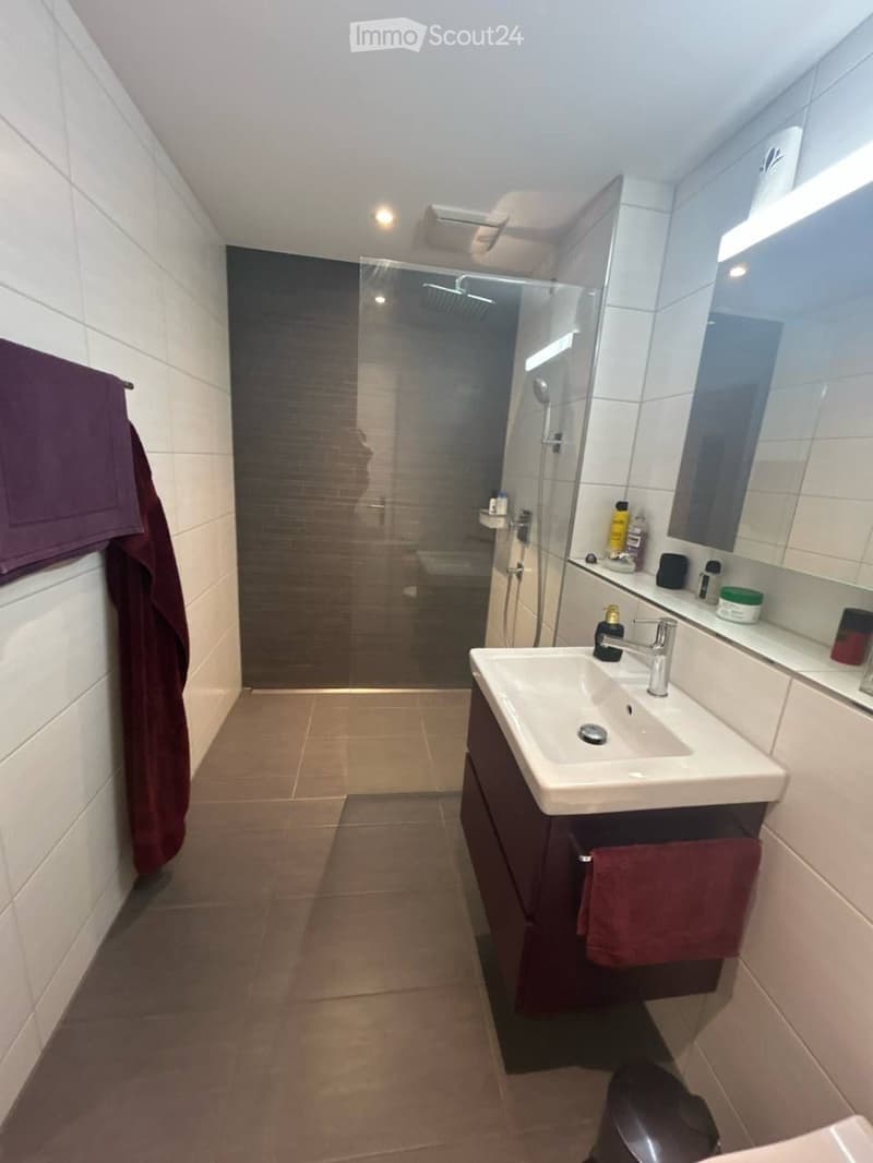 Modern bathroom with a white sink, dark wooden cabinet, large mirror, and a glass-enclosed shower area.