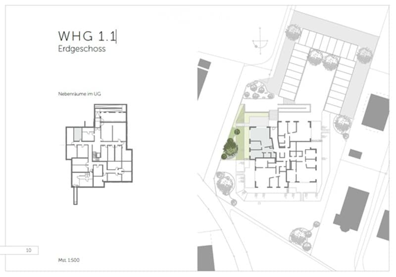 Floor plan of a ground floor (Erdgeschoss) showing multiple rooms, including a living area, kitchen, bedrooms, and bathrooms. The layout includes a staircase leading to the upper floor (UG).