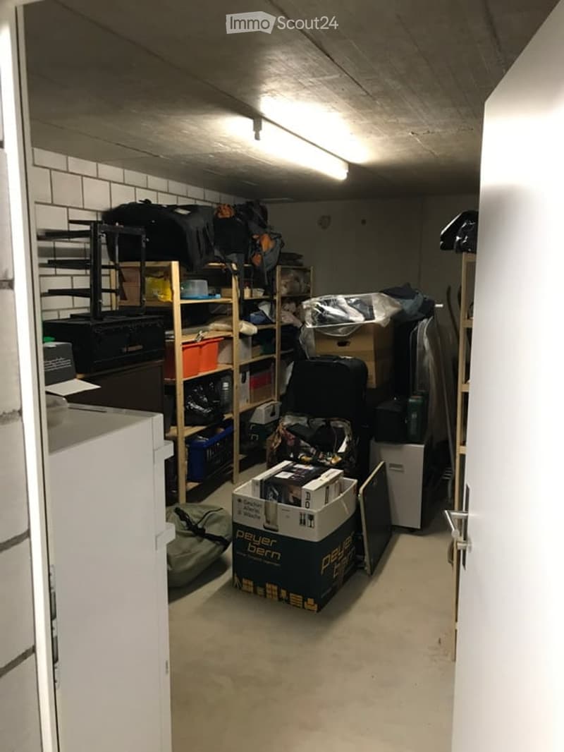 Storage room with shelves, boxes, and various stored items including backpacks and a refrigerator.