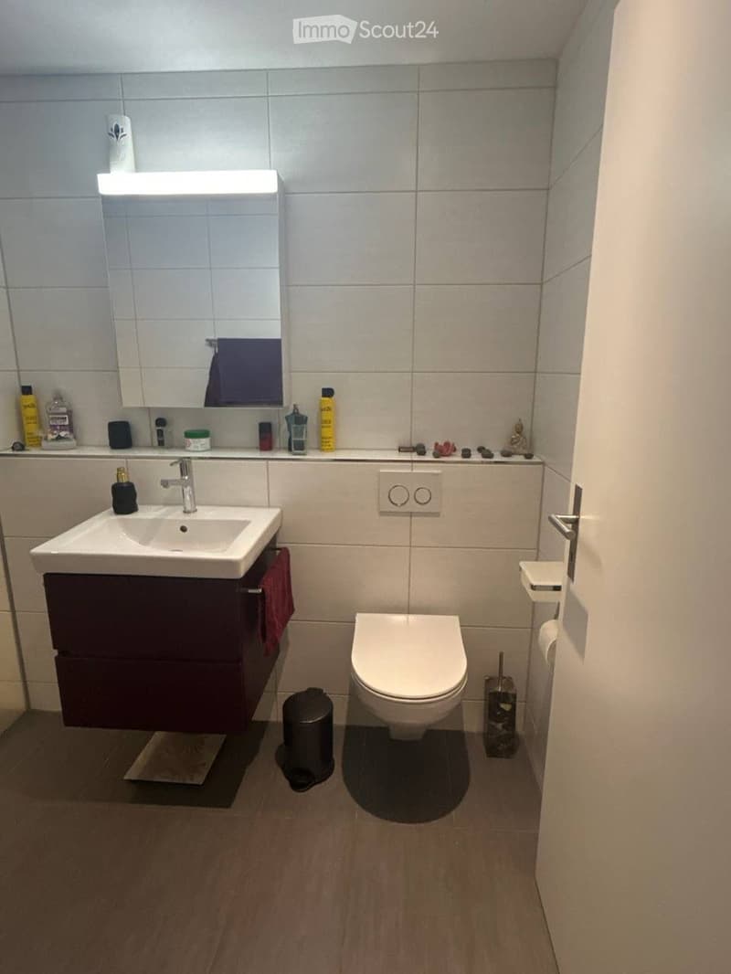 Modern bathroom with white tiles, a dark wooden sink cabinet, a white toilet, a mirror, and various toiletries on the counter.