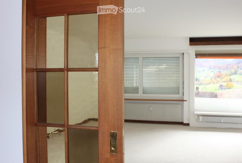 A hallway with a wooden door featuring frosted glass panels, white walls, and a view of a room with windows and radiators.