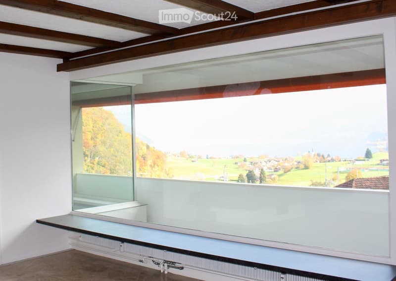 Empty room with large panoramic windows offering a scenic view of a valley and town. The room features a wooden ceiling and a radiator below the windows.