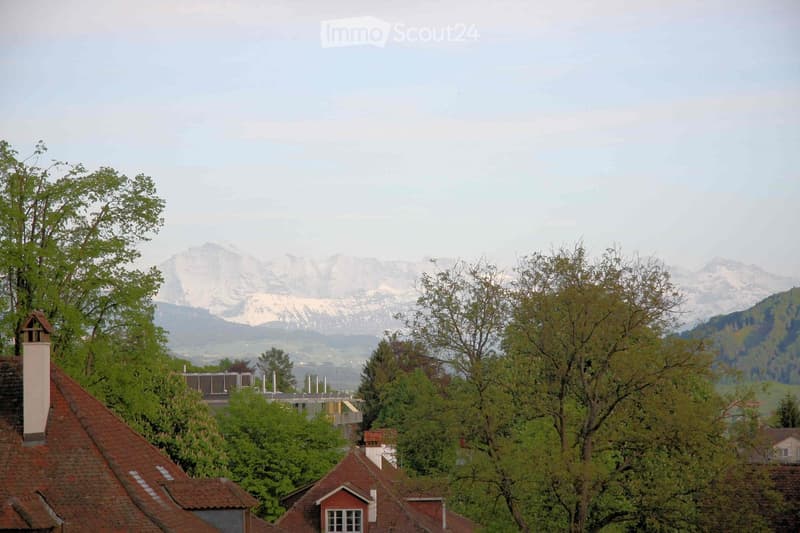A view of a residential area with red-tiled roofs, surrounded by lush green trees and distant snow-capped mountains.
