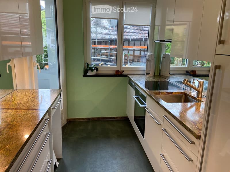 Modern kitchen with white cabinets, marble countertops, stainless steel sink and faucet, and a small plant on the windowsill.