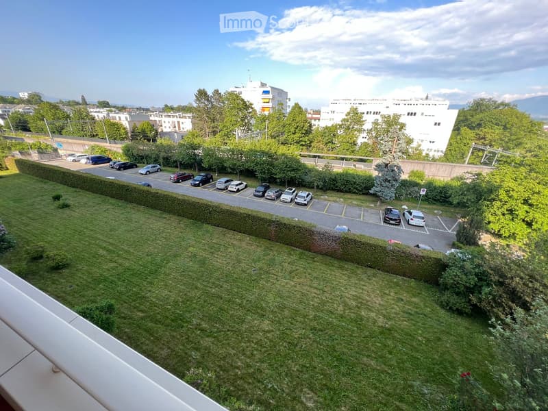 Balcony overlooking a grassy area with a hedge border, a parking lot with several cars, and surrounding buildings and trees.
