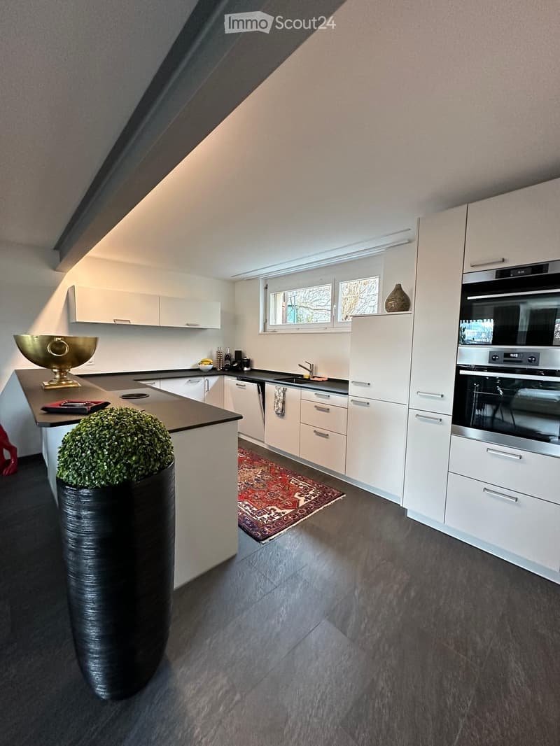 Modern kitchen with white cabinets, dark countertops, stainless steel appliances, and a window above the sink. Features a decorative vase, bowl, and a small rug on the floor.