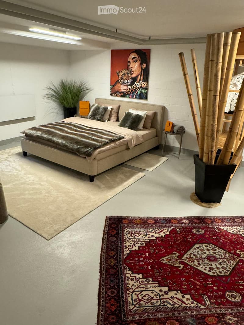 Modern bedroom with a large bed, multiple pillows, a side table, a painting above the bed, a potted plant, and a patterned rug on the floor.