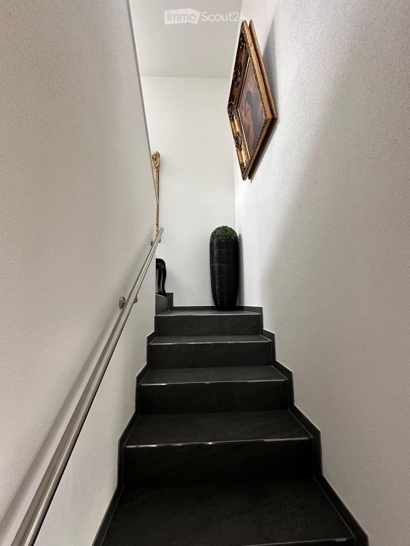 Modern staircase with black steps, metal railing, and a small black vase with greenery on the landing.