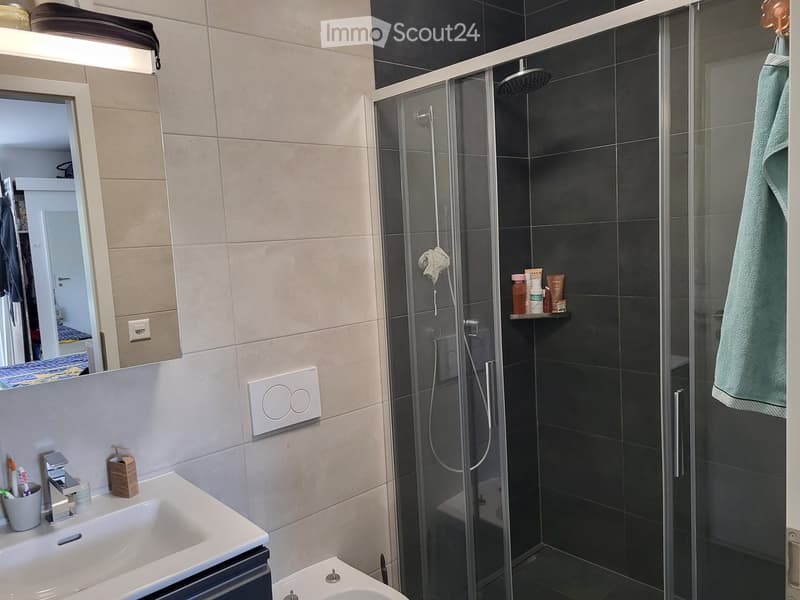 Modern bathroom with a white sink, mirror, glass-enclosed shower, and a towel hanging on the side.
