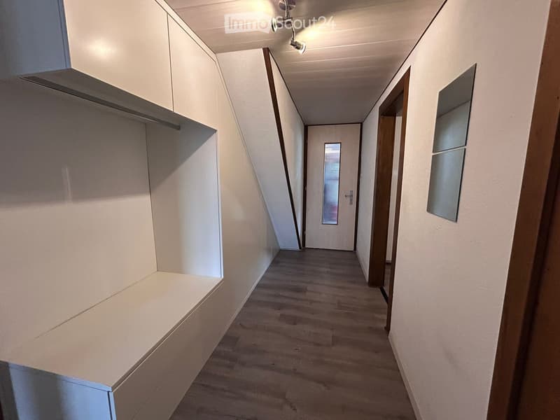 Modern hallway with light-colored wooden flooring, white walls, built-in storage cabinet on the left, and a closed door at the end.