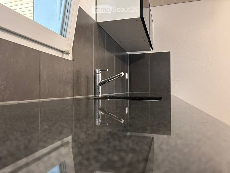 Modern kitchen sink area with a sleek, stainless steel faucet and dark brown tiles.
