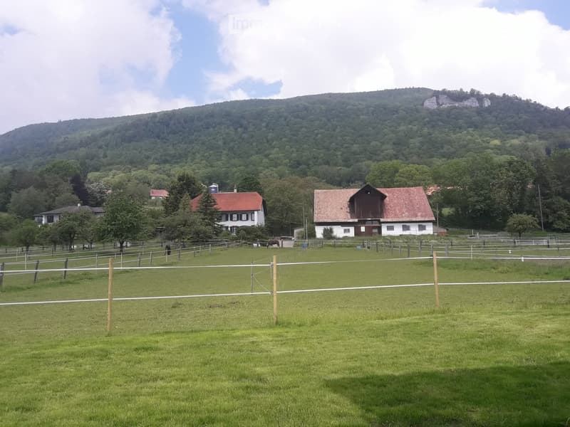 House: 2 story, red roof, surrounded by green field and fence, located in a valley with a mountain range