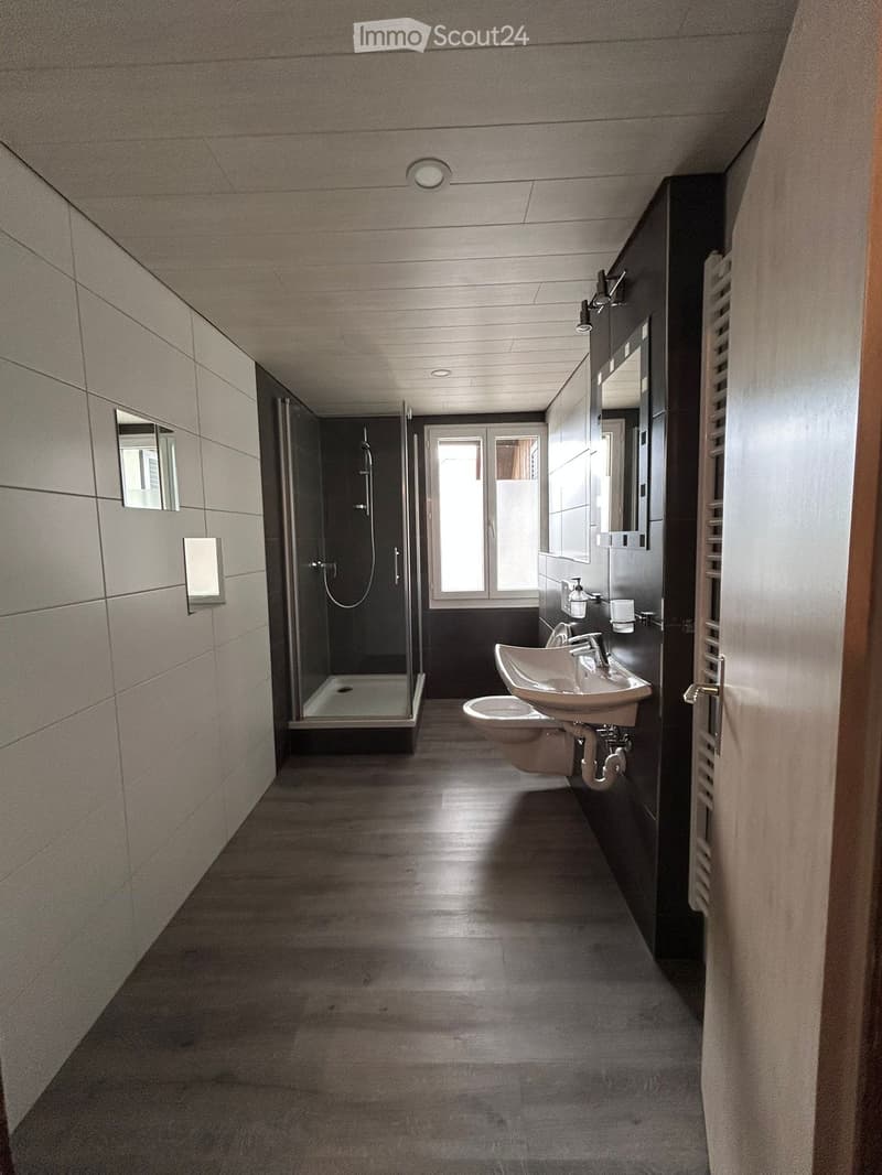 Modern bathroom with a glass-enclosed shower, sink, toilet, and mirrors. The space features light grey tiles and a wooden floor.