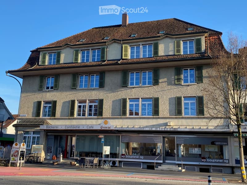 4-storey building, gray facade, green shutters, brown roof, commercial use on the ground floor