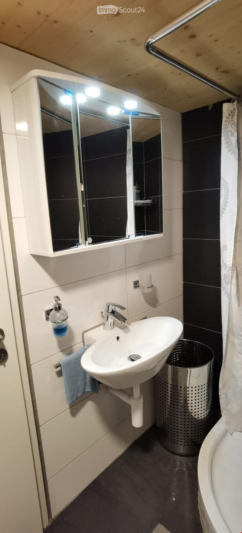Modern bathroom with a white sink, mirror with built-in lighting, towel, soap dispenser, and a trash can.