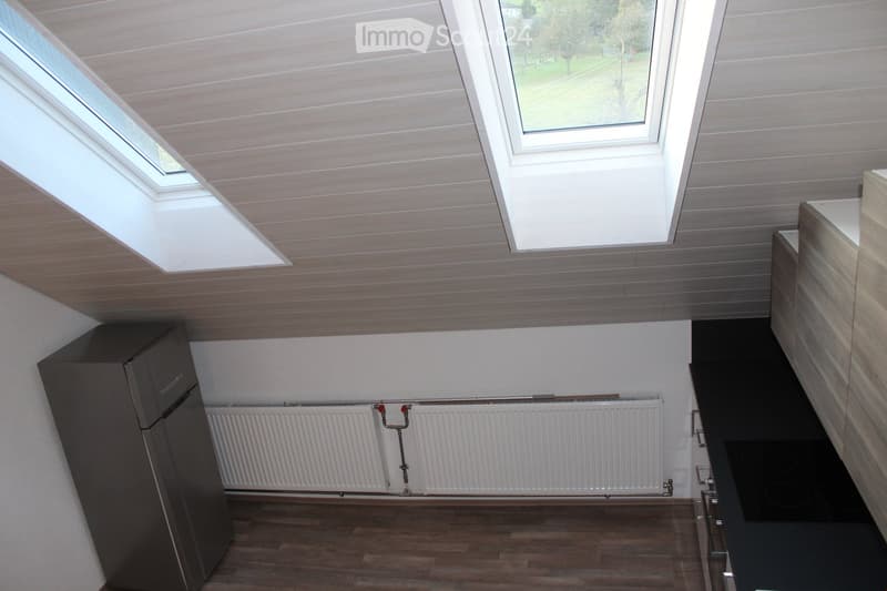 Modern kitchen with wooden flooring, white walls, and skylight windows. Features a black refrigerator and a radiator under the windows.