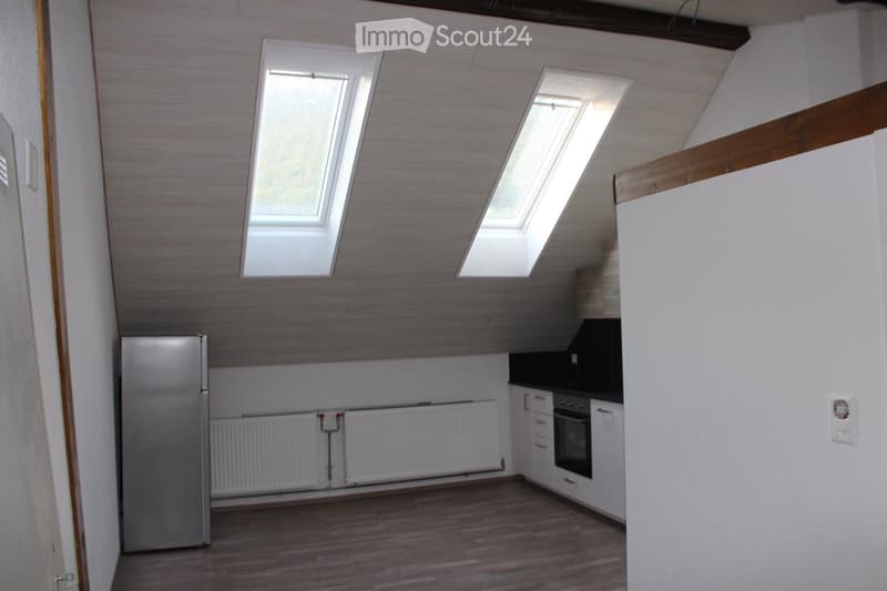 Modern kitchen with wooden flooring, white walls, stainless steel refrigerator, built-in oven, and radiator under the windows.