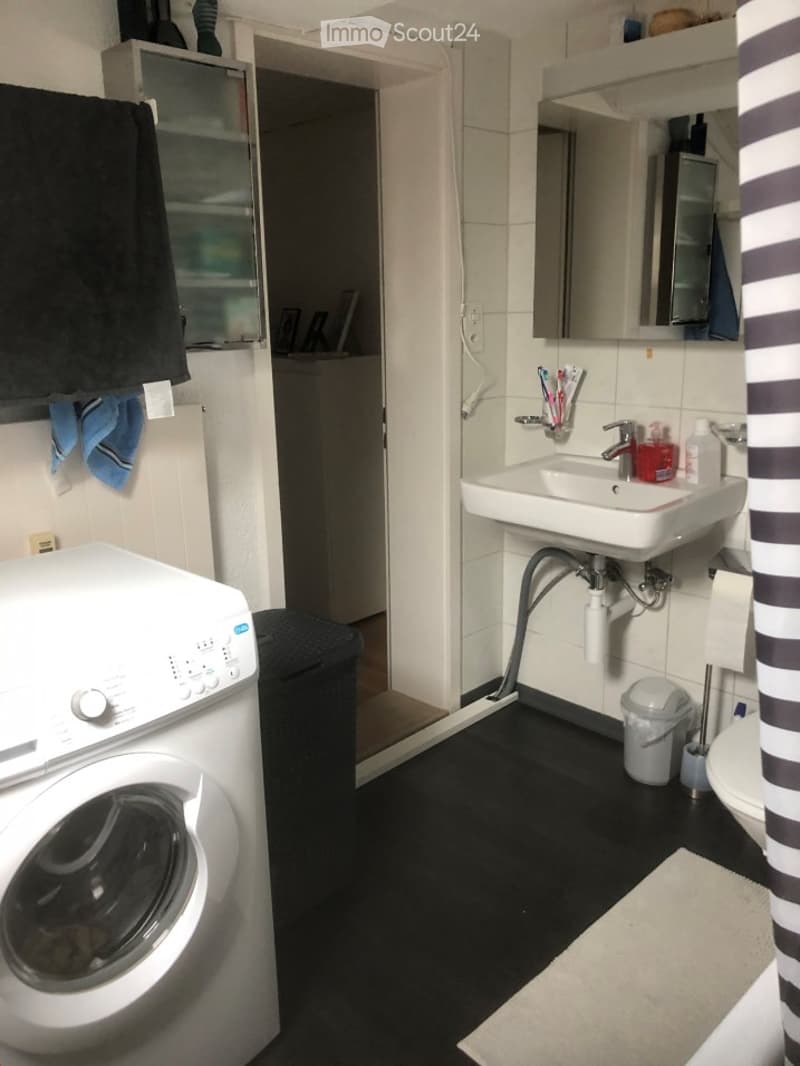 Modern bathroom with a white sink, mirror, washing machine, and a small towel hanging on the wall. The floor is black, and there is a small trash can near the toilet.