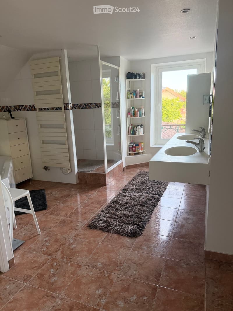 Modern bathroom with a double sink, large mirror, tiled walls, and a radiator. Includes a shelf with toiletries and a fluffy rug on the floor.