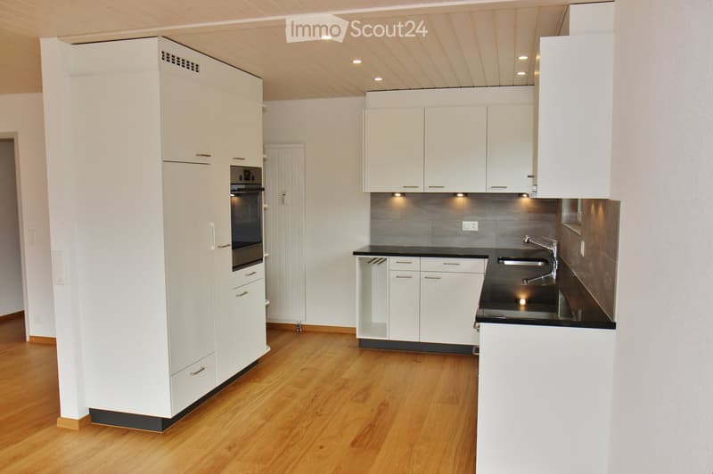 Modern kitchen with white cabinets, wooden flooring, stainless steel sink, and built-in oven.