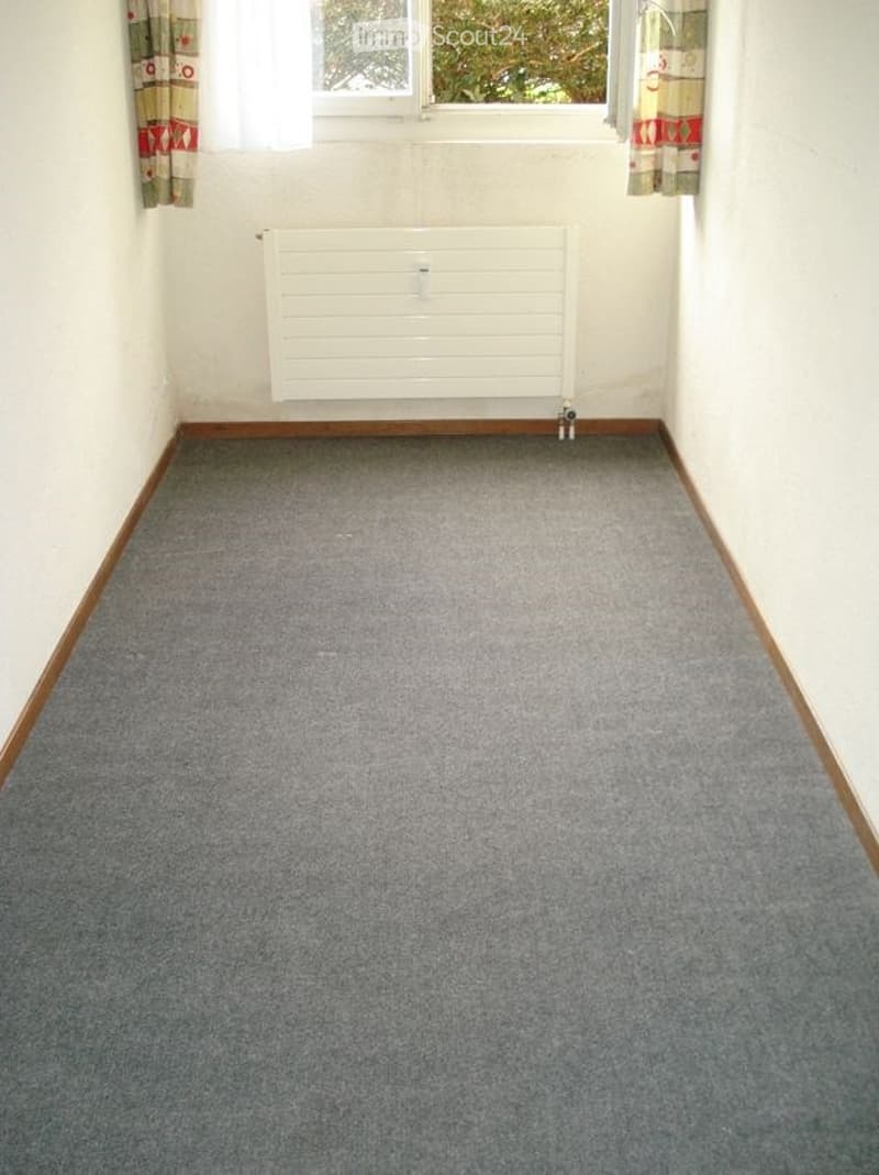 Completely empty room with grey carpet, white walls, and a white radiator. No furniture or equipment.