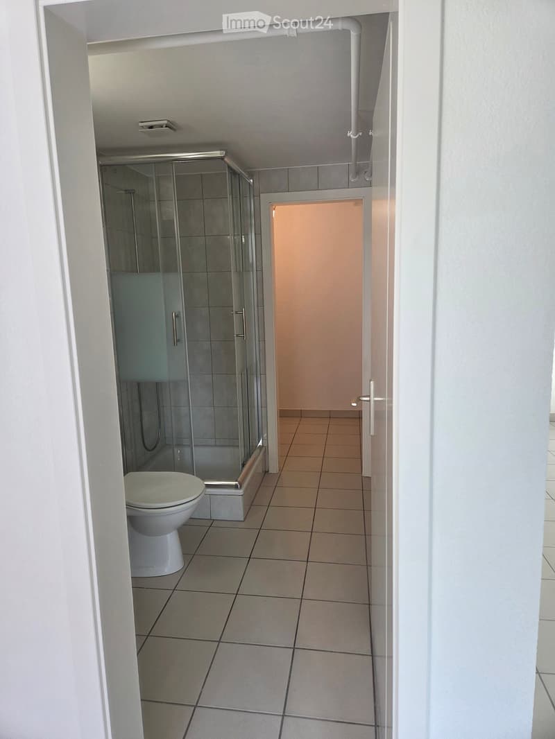 Modern bathroom with tiled floors and walls, featuring a toilet and a glass-enclosed shower area.