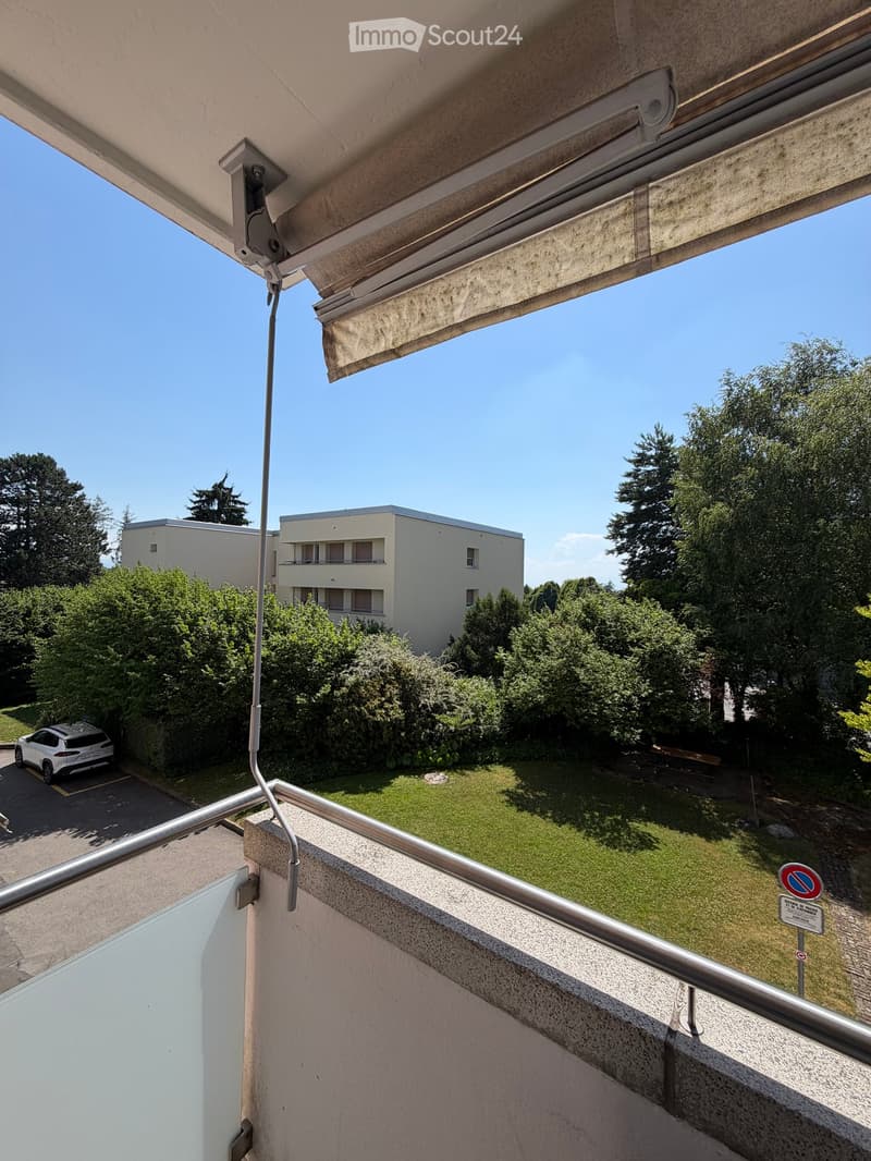 Balcony with metal railing, retractable awning, overlooking a grassy area with trees and a building in the background.