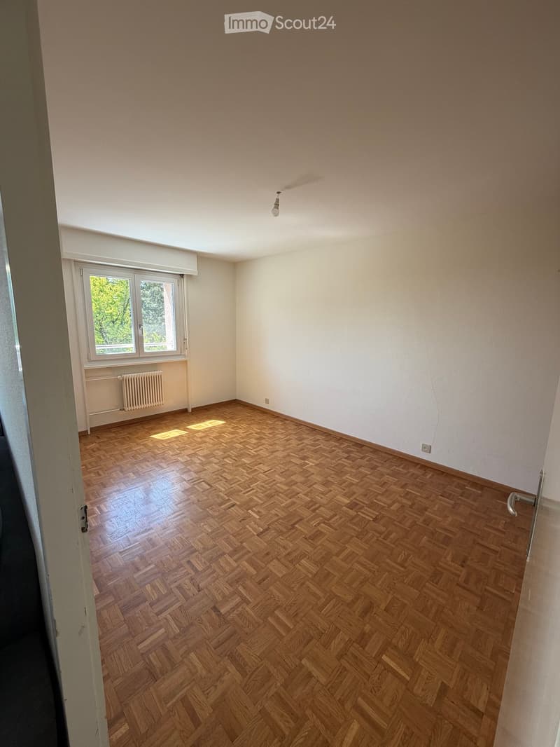 Empty room with wooden herringbone flooring, white walls, and a window with a radiator below it. The room has a single ceiling light fixture and is completely unfurnished.