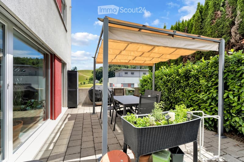 Balcony with a retractable awning, a black dining table with chairs, a woven planter with plants, and a view of a green landscape.