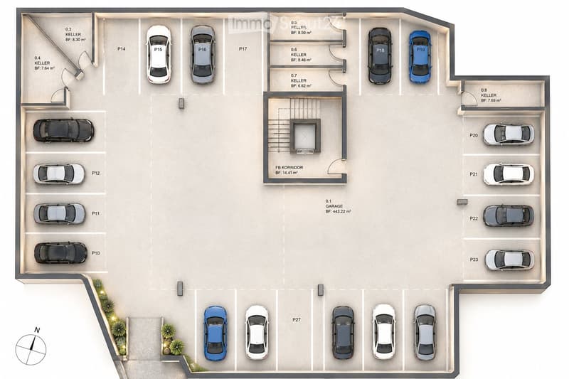 Top-down floor plan of a multi-level parking structure with labeled parking spaces (P10-P27), multiple car slots, and several labeled areas including 'Keller' (basement) and 'Garage'.