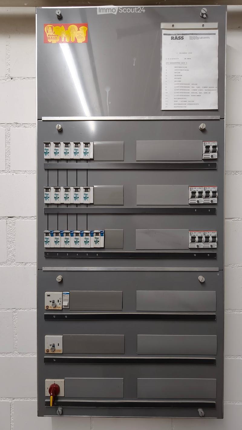 Electrical panel with multiple circuit breakers and switches mounted on a grey metal surface, with a printed legend sheet attached above.