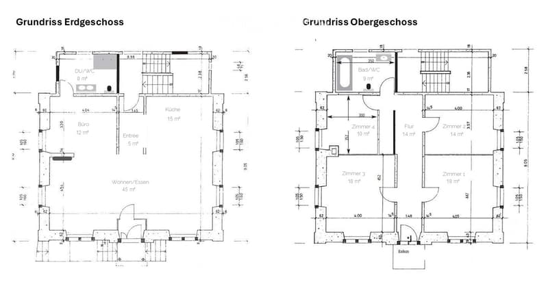 Floor plan of a two-story house with living/dining area, kitchen, office, bathrooms, bedrooms, hallway, and balcony.