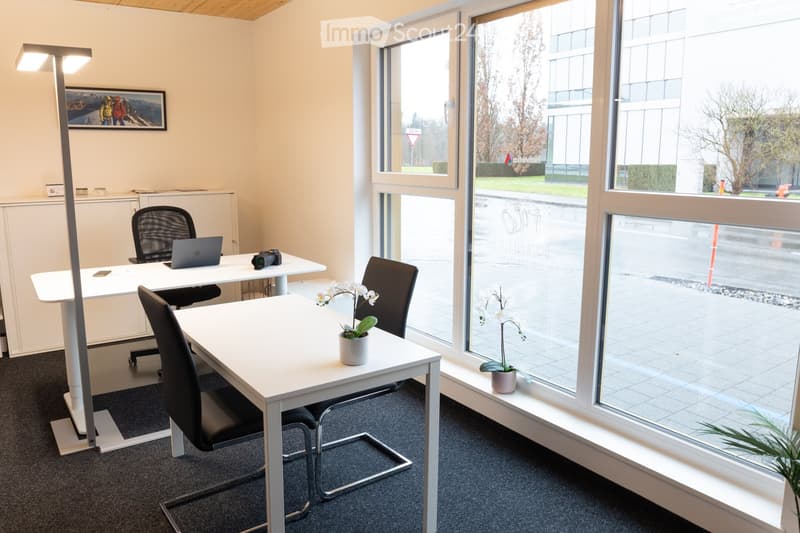 Modern office space with white tables, black chairs, laptop, camera, flower pots, and a cabinet with a picture frame on top.