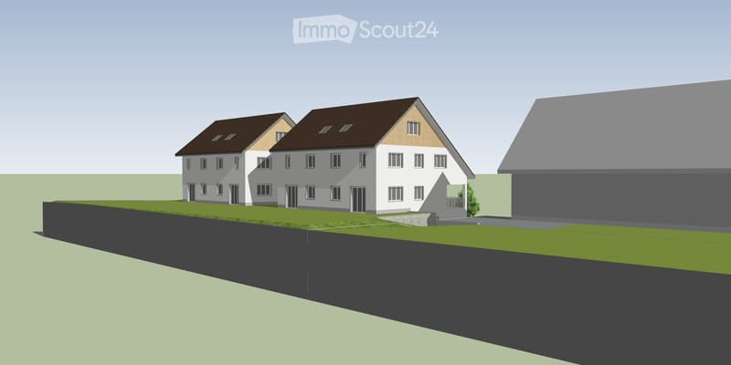 3D rendering of a two-story residential building with a raised ground floor, featuring white walls, multiple windows, and a brown roof.
