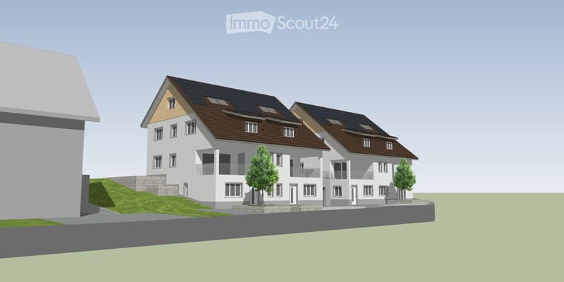 3-story residential building with solar panels on the roof, multiple windows, balconies, and small trees in front.
