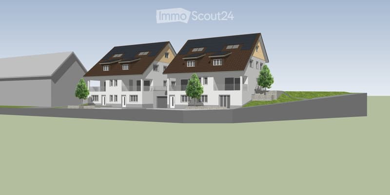 3D rendering of a modern residential complex with two-story houses, solar panels on roofs, balconies, and small landscaped gardens.