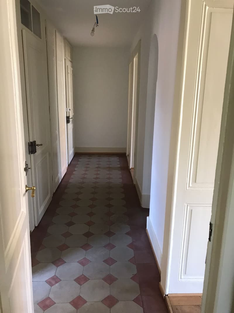 A long, narrow hallway with white walls, hexagonal tile flooring in a pattern of gray and red, and several white doors with brass handles on both sides.