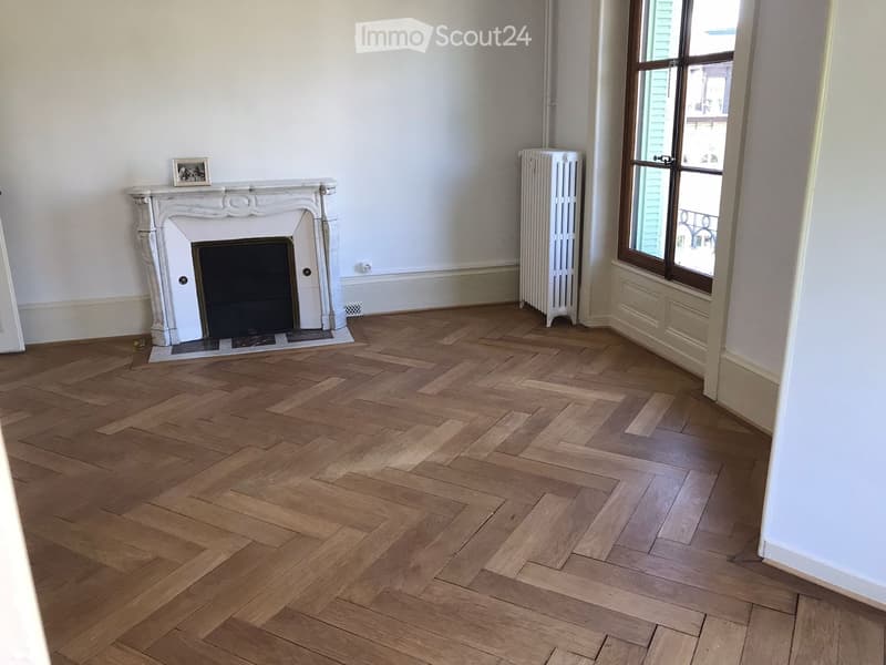 Empty room with herringbone wooden flooring, white walls, a fireplace with a decorative mantel, a radiator, and a large window with a view.