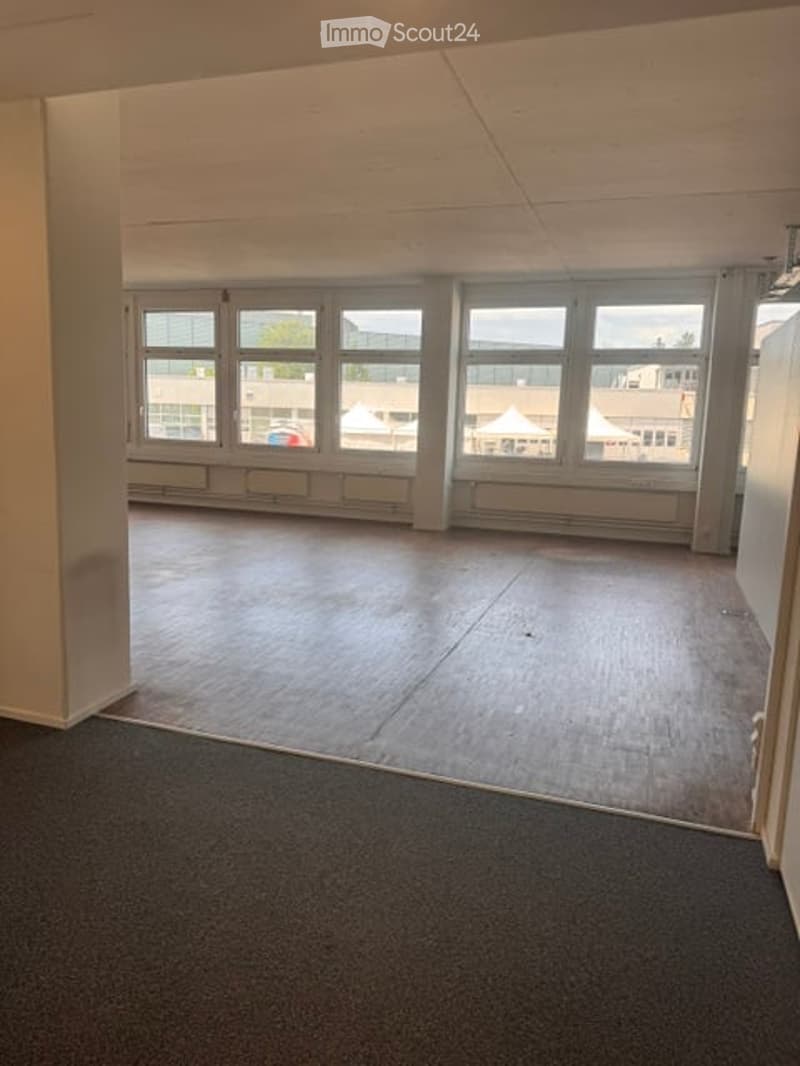 Empty room with wooden flooring, large windows, and carpeted area. No furniture or equipment present.