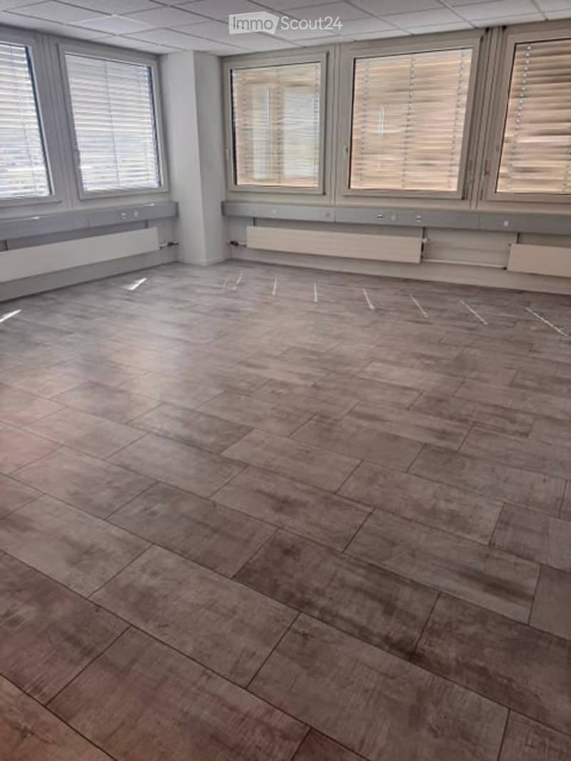 Empty room with wooden flooring, large windows with blinds, and radiators along the walls.