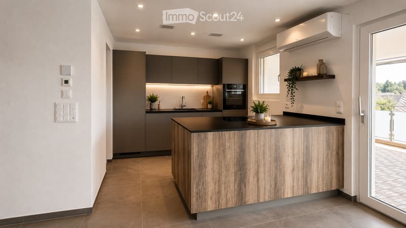 Modern kitchen with grey cabinets, wooden island, built-in oven, sink, and decorative items on shelves.
