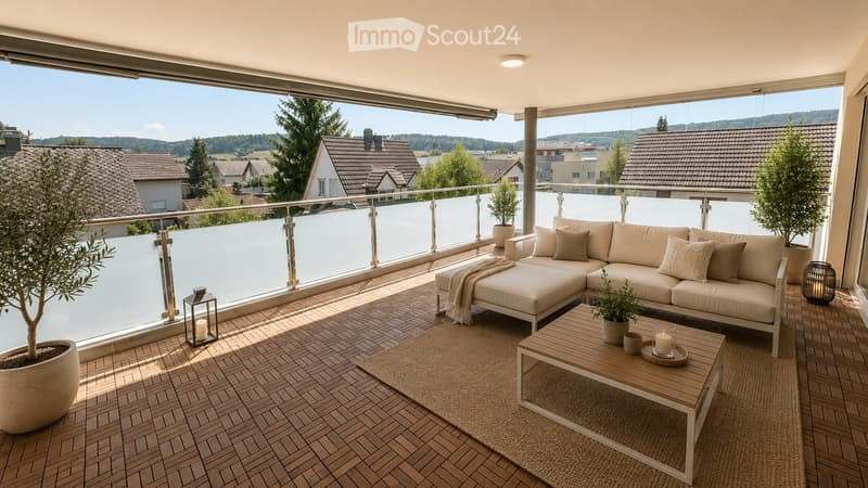 Modern balcony with wooden decking, white sectional sofa, coffee table, potted plants, and lanterns.