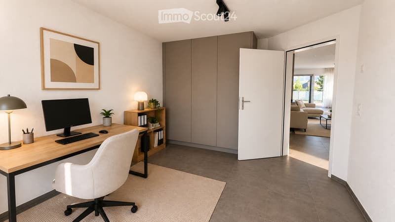 Modern office space with a wooden desk, ergonomic chair, computer setup, and a view into a living area with a sofa and coffee table.