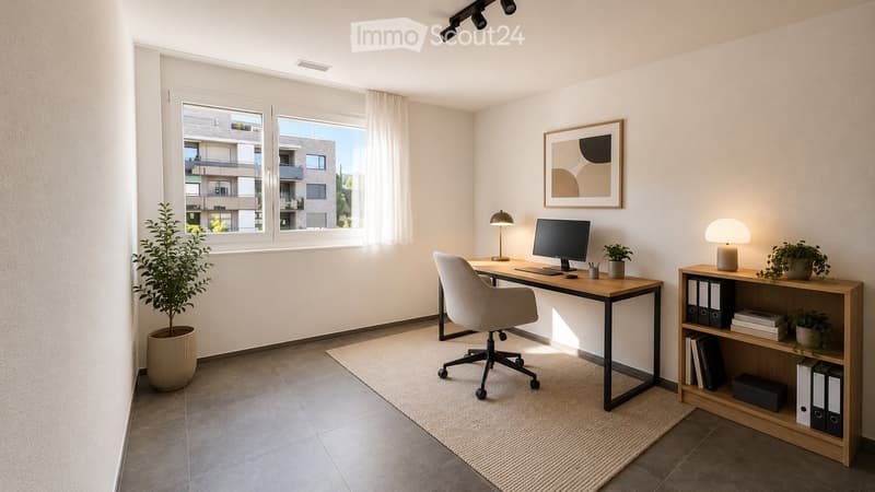 Modern, well-lit room with a desk, office chair, computer, lamp, shelf, and decorative plants.