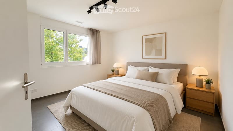 Modern bedroom with a large bed, nightstands, lamps, and a picture frame on the wall. The room features large windows with curtains and a neutral color palette.